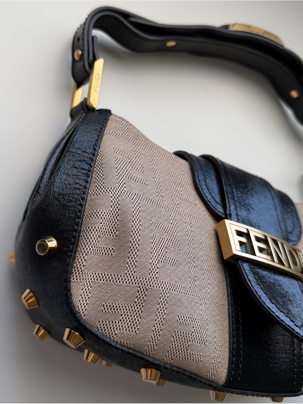 Fendi Zucca Shadow Black Leather Studded Shoulder Bag - Picture 5 of 8